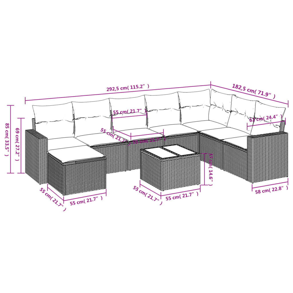 vidaXL 9 Piece Garden Sofa Set with Cushions Grey Poly Rattan