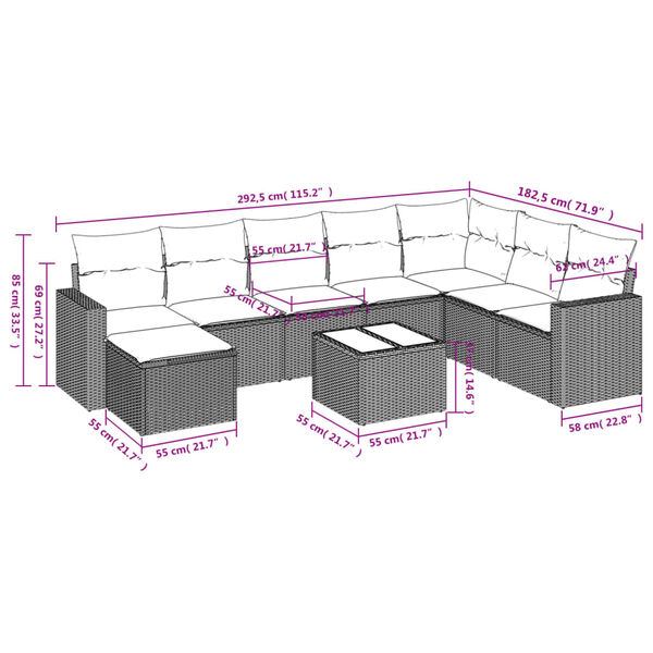 vidaXL 9 Piece Garden Sofa Set with Cushions Grey Poly Rattan