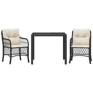 vidaXL 3 Piece Bistro Set with Cushions Black Poly Rattan
