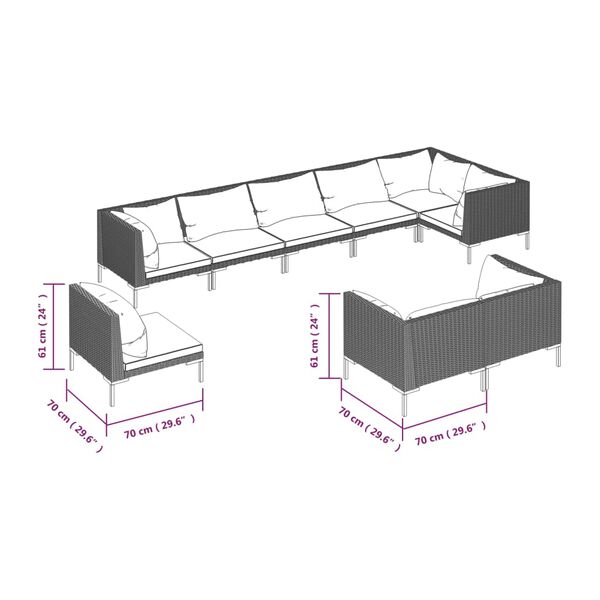 vidaXL 9 Piece Garden Lounge Set with Cushions Round Rattan Dark Grey
