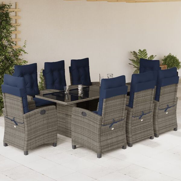 vidaXL 9 Piece Garden Dining Set with Cushions Grey Poly Rattan