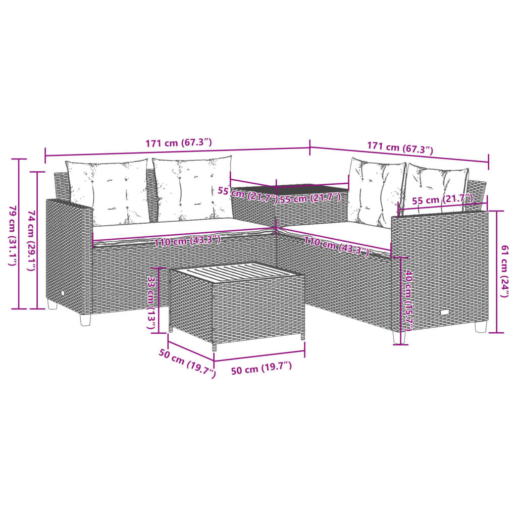 vidaXL Garden Sofa with Table and Cushions L-Shaped Black Poly Rattan