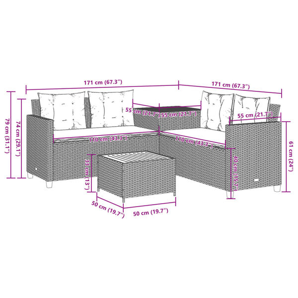 vidaXL Garden Sofa with Table and Cushions L-Shaped Black Poly Rattan