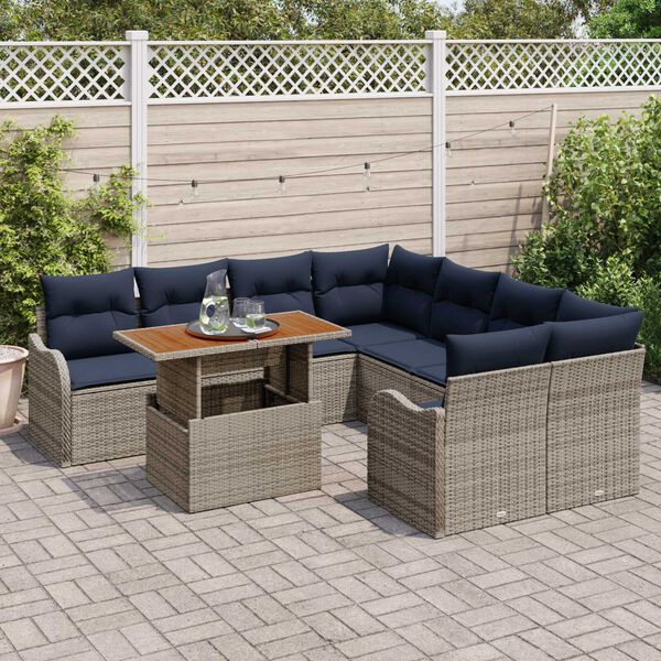 vidaXL 9 Piece Garden Sofa Set with Cushions Grey Poly Rattan Acacia