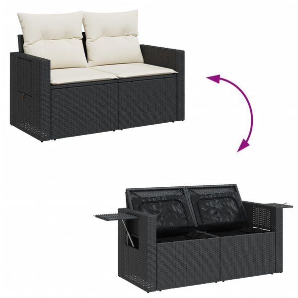 vidaXL Garden Sofa with Cushions 2-Seater Black Poly Rattan