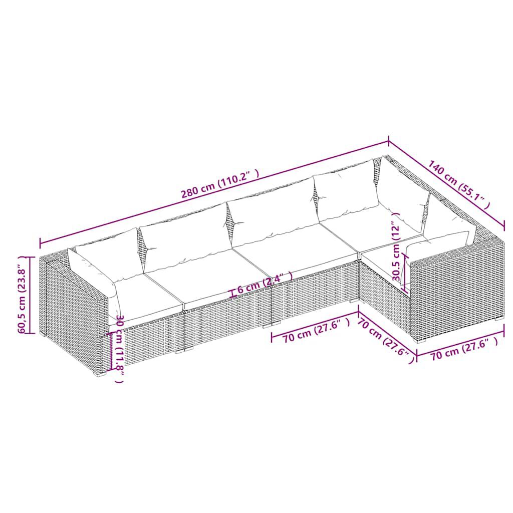 vidaXL 5 Piece Garden Lounge Set with Cushions Poly Rattan Grey