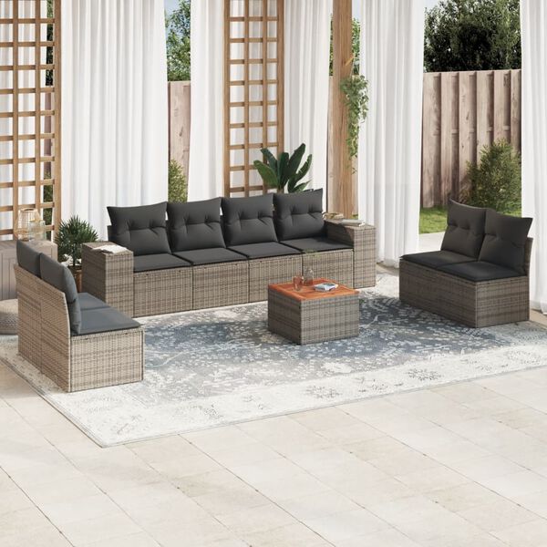 vidaXL 9 Piece Garden Sofa Set with Cushions Grey Poly Rattan