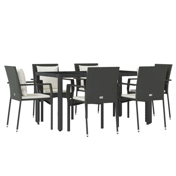 vidaXL 7 Piece Garden Dining Set with Cushions Black Poly Rattan