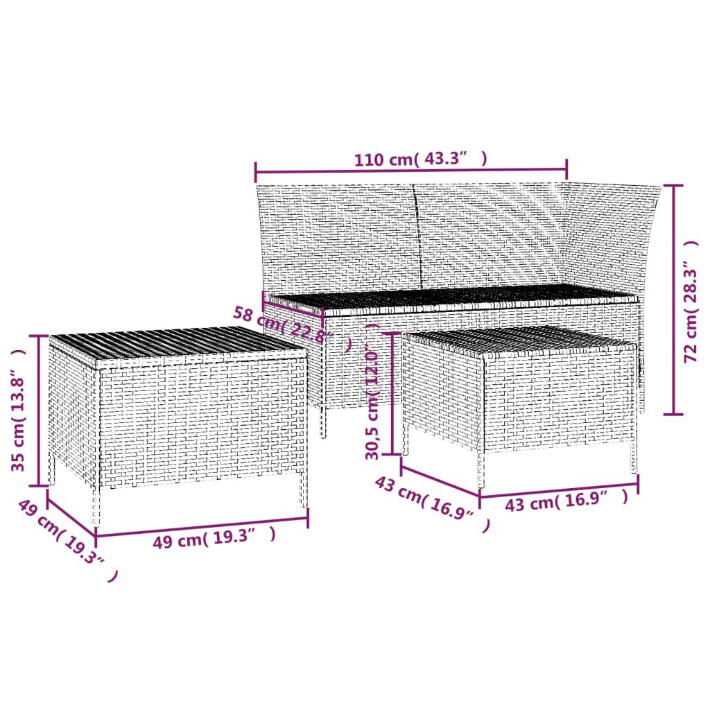 vidaXL 3 Piece Garden Lounge Set with Cushions Grey Poly Rattan
