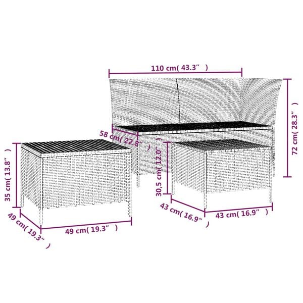 vidaXL 3 Piece Garden Lounge Set with Cushions Grey Poly Rattan