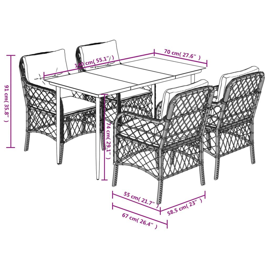 vidaXL 5 Piece Garden Dining Set with Cushions Brown Poly Rattan