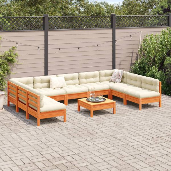 vidaXL 10 Piece Garden Sofa Set with Cushions Wax Brown Solid Wood Pine