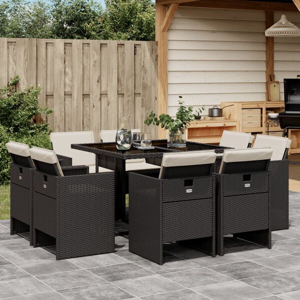 vidaXL 9 Piece Garden Dining Set with Cushions Brown Poly Rattan