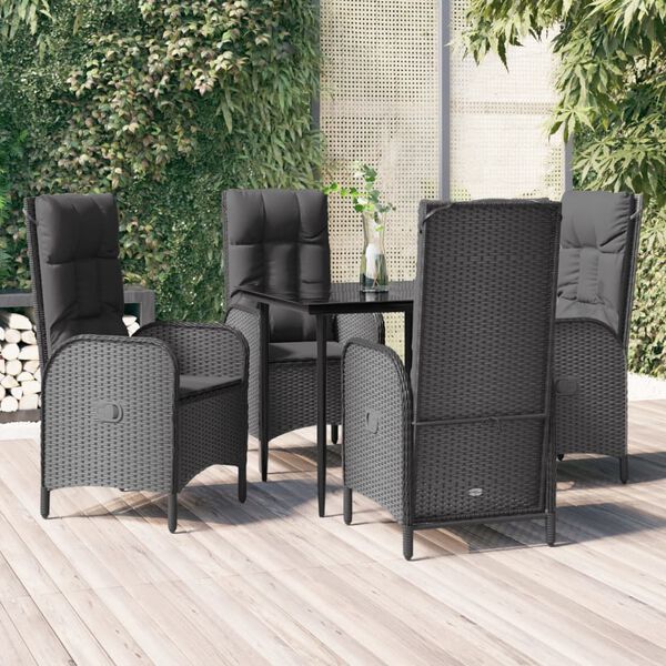 vidaXL 5 Piece Garden Dining Set with Cushions Black Poly Rattan
