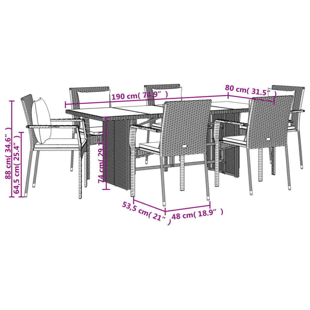 vidaXL 7 Piece Garden Dining Set with Cushions Black Poly Rattan