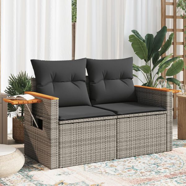 vidaXL Garden Sofa with Cushions 2-Seater Grey Poly Rattan