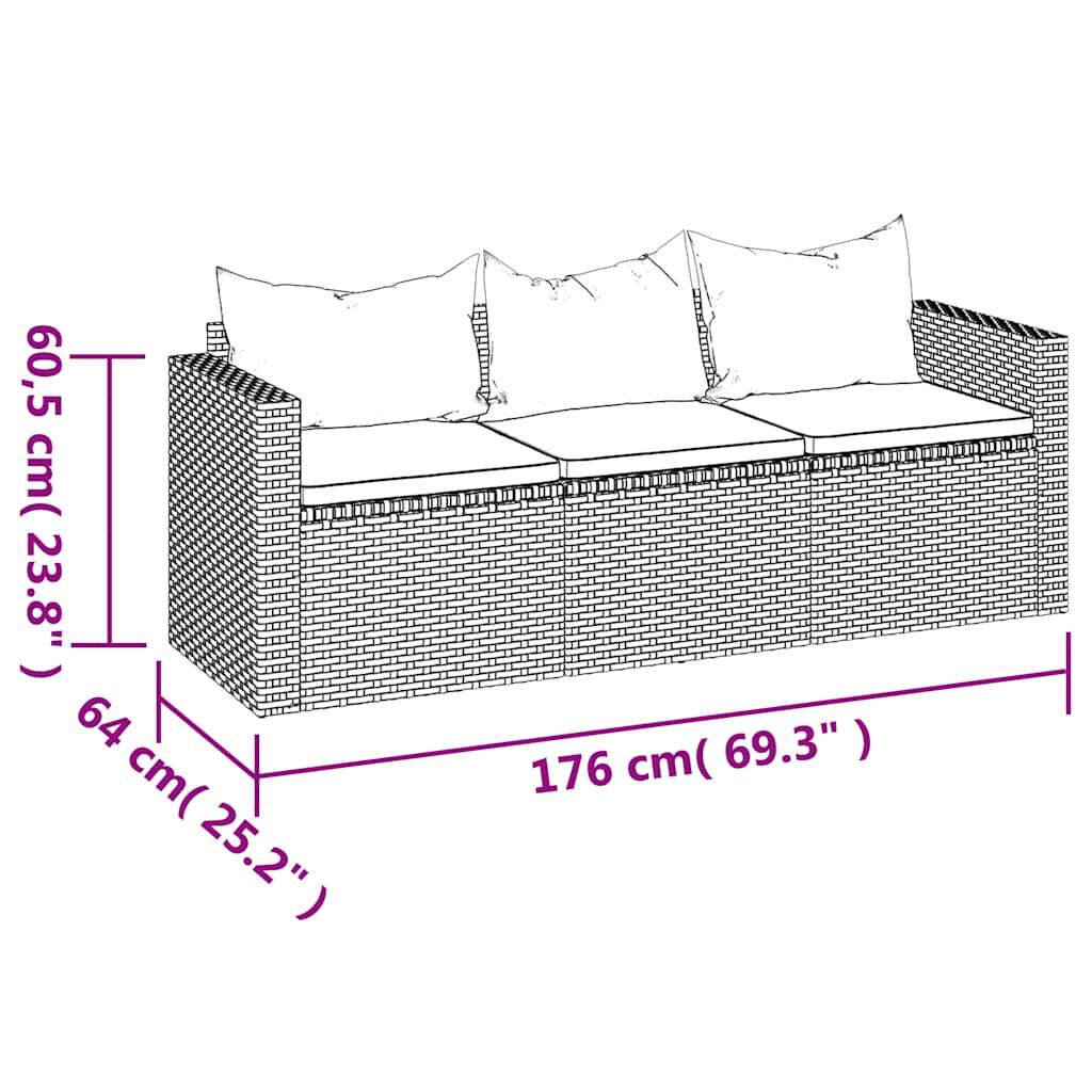 vidaXL 3-Seater Garden Sofa with Cushions Black Poly Rattan