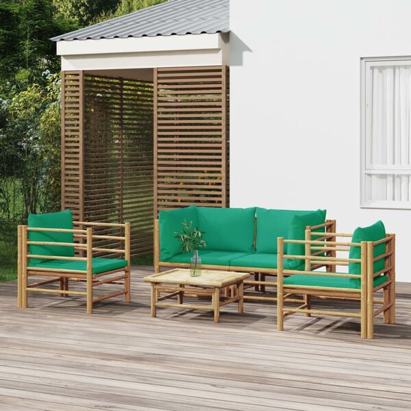 vidaXL 5 Piece Garden Lounge Set with Green Cushions Bamboo
