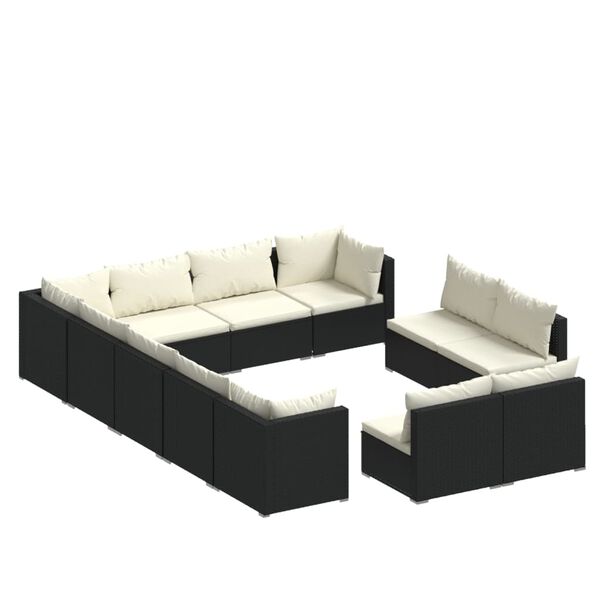 vidaXL 12 Piece Garden Lounge Set with Cushions Black Poly Rattan
