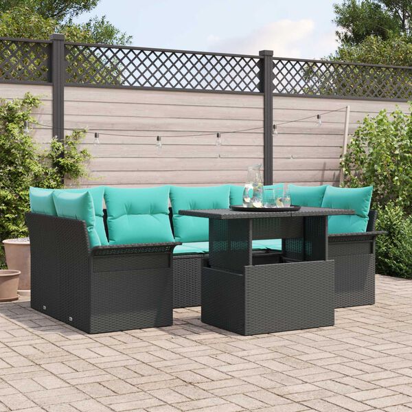 vidaXL 7 Piece Garden Sofa Set with Cushions Black Poly Rattan