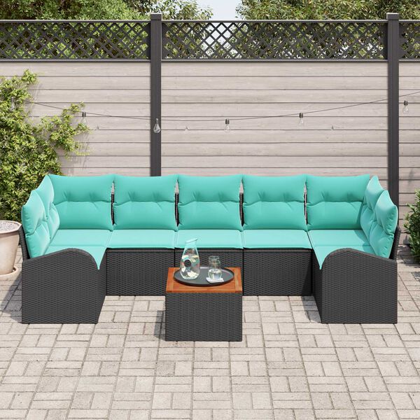 vidaXL 8 Piece Garden Sofa Set with Cushions Black Poly Rattan Acacia