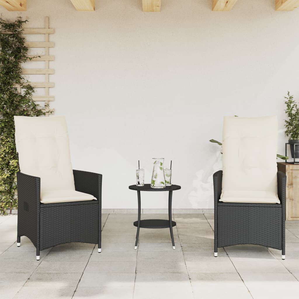 vidaXL 3 Piece Bistro Set with Cushions Black Poly Rattan