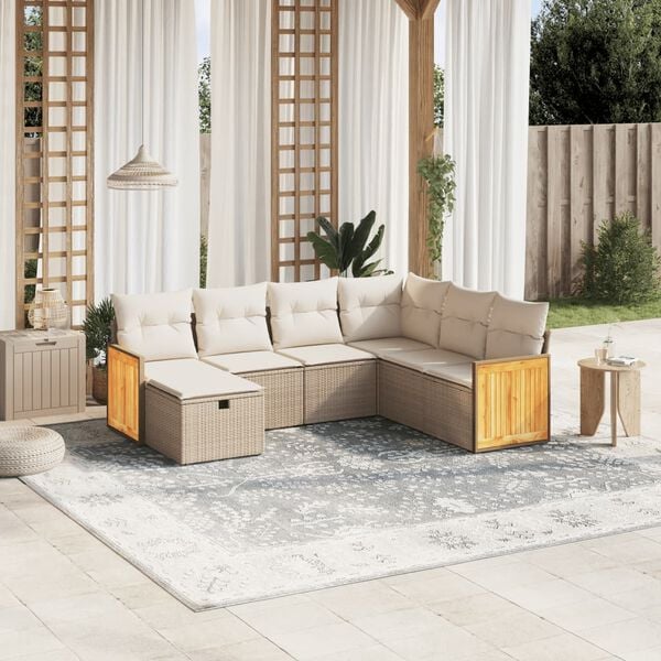 vidaXL 7 Piece Garden Sofa Set with Cushions Beige Poly Rattan