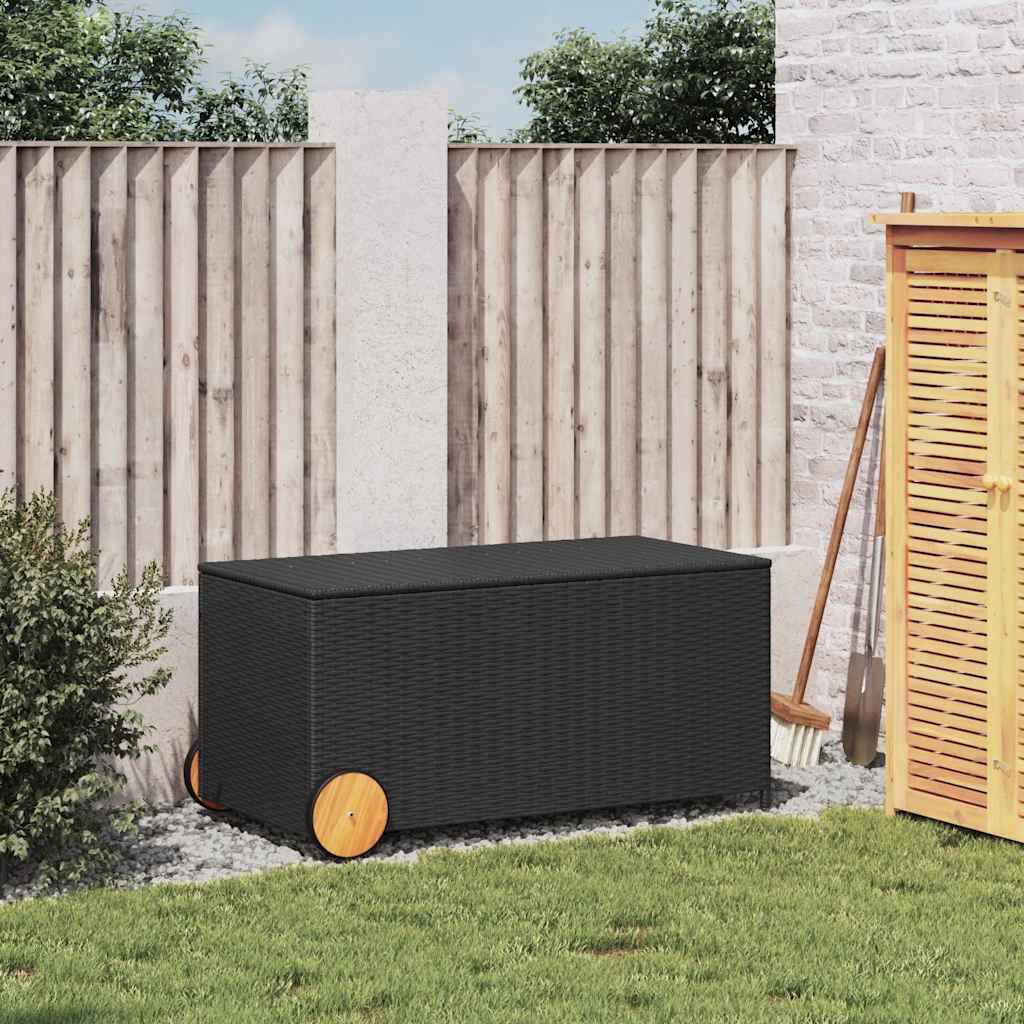 vidaXL Garden Storage Box with Wheels Black 190L Poly Rattan