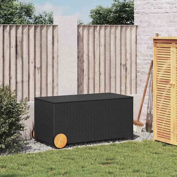 vidaXL Garden Storage Box with Wheels Black 190L Poly Rattan