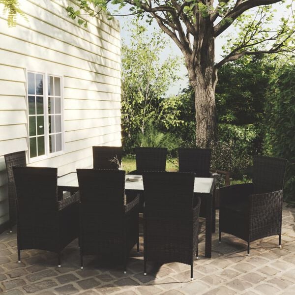 vidaXL 9 Piece Outdoor Dining Set with Cushions Poly Rattan Black