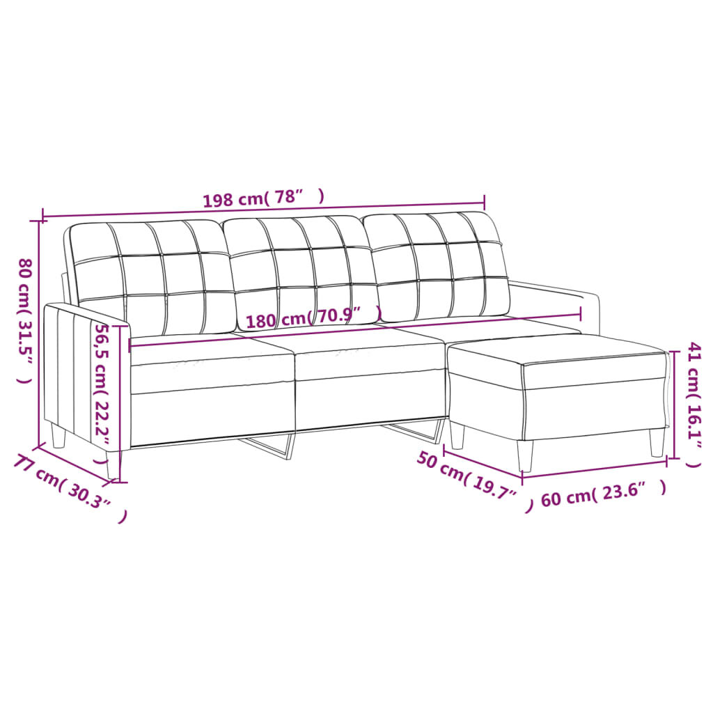 vidaXL 3-Seater Sofa with Footstool Light Grey 180 cm Fabric