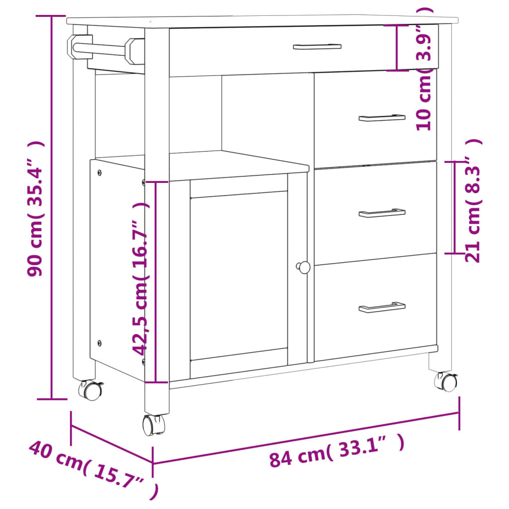 vidaXL Kitchen Trolley MONZA 84x40x90 cm Solid Wood Pine