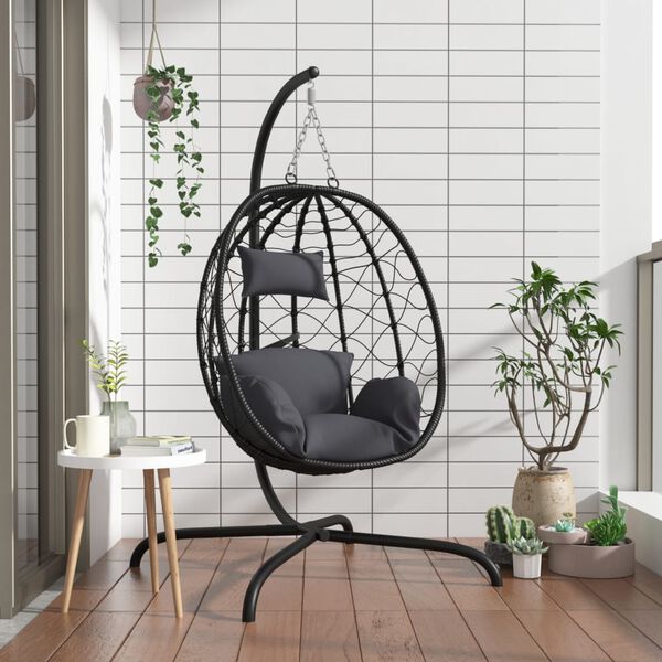 vidaXL Hanging Egg Chair with Cushion Anthracite Poly Rattan&Steel