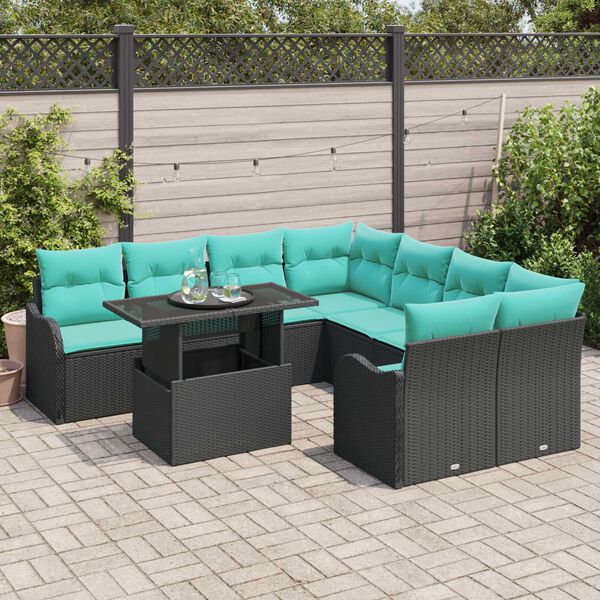 vidaXL 9 Piece Garden Sofa Set with Cushions Black Poly Rattan
