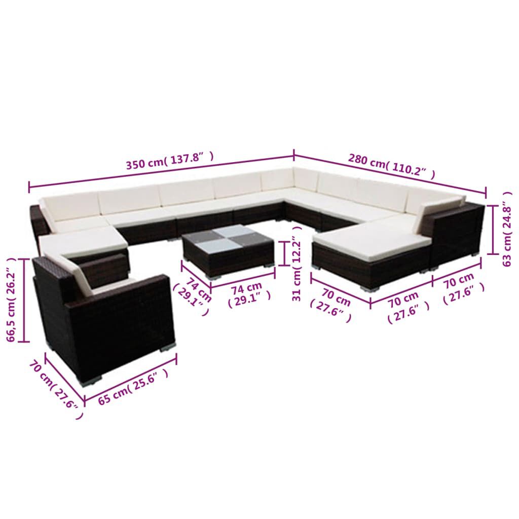 vidaXL 12 Piece Garden Lounge Set with Cushions Poly Rattan Black
