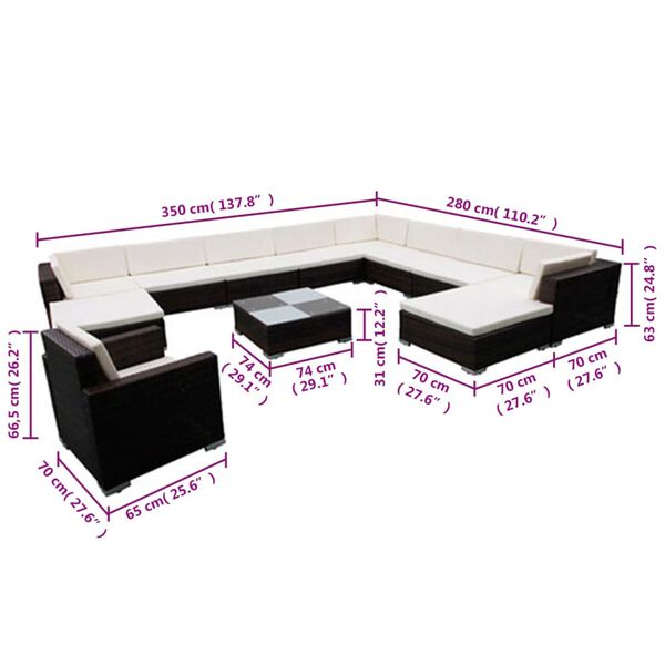 vidaXL 12 Piece Garden Lounge Set with Cushions Poly Rattan Black