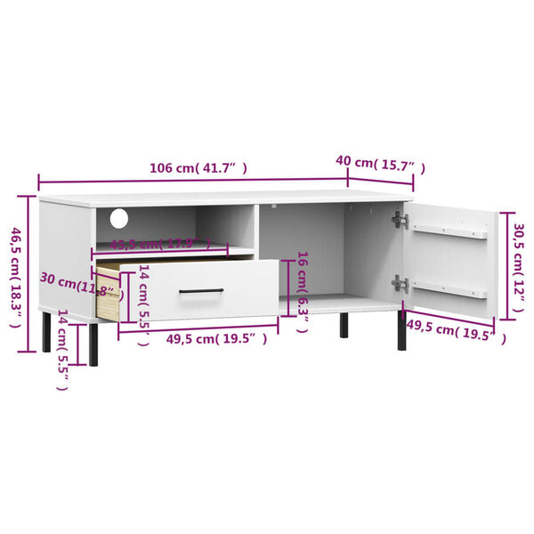 vidaXL TV Cabinet with Metal Legs White Solid Wood Pine OSLO