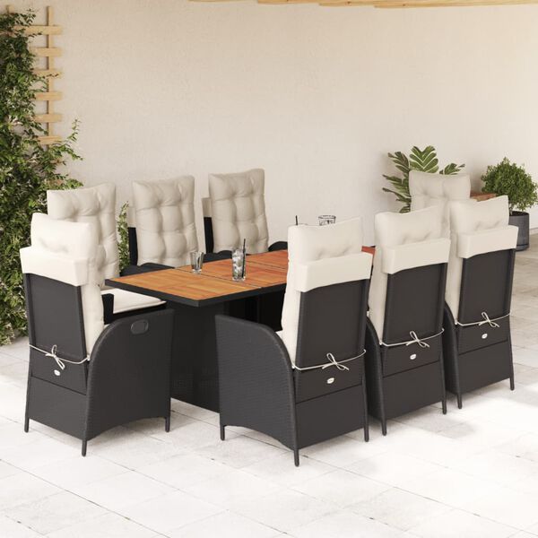 vidaXL 9 Piece Garden Dining Set with Cushions Black Poly Rattan