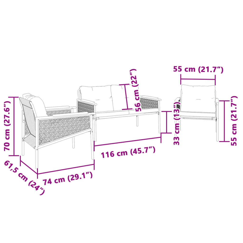 vidaXL 3 Piece Balcony Furniture Set with Cushions Black Steel