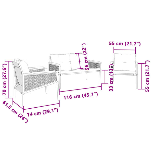 vidaXL 3 Piece Balcony Furniture Set with Cushions Black Steel