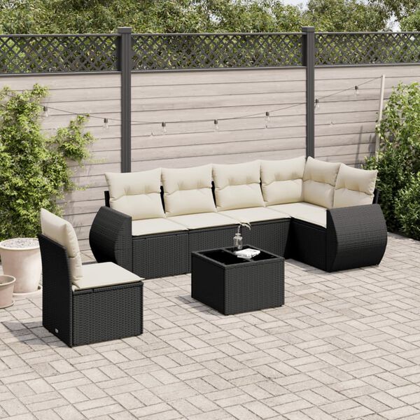 vidaXL 7 Piece Garden Sofa Set with Cushions Black Poly Rattan