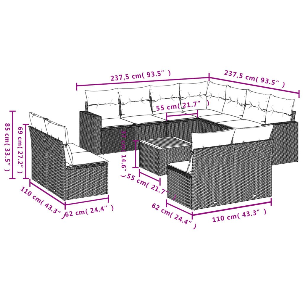 vidaXL 12 Piece Garden Sofa Set with Cushions Grey Poly Rattan