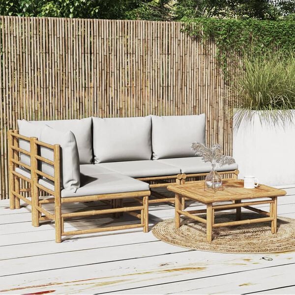 vidaXL 5 Piece Garden Lounge Set with Light Grey Cushions Bamboo