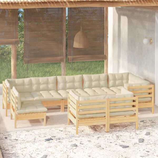 vidaXL 9 Piece Garden Lounge Set with Cream Cushions Solid Pinewood
