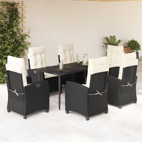 vidaXL 7 Piece Garden Dining Set with Cushions Black Poly Rattan