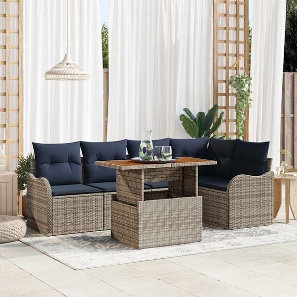 vidaXL Garden Sofa Set 6 pcs Grey and Navy Blue Poly Rattan