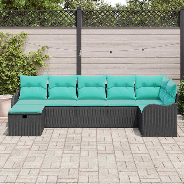 vidaXL Sofa Set with Cushion Manual Black and Turquoise Poly Rattan