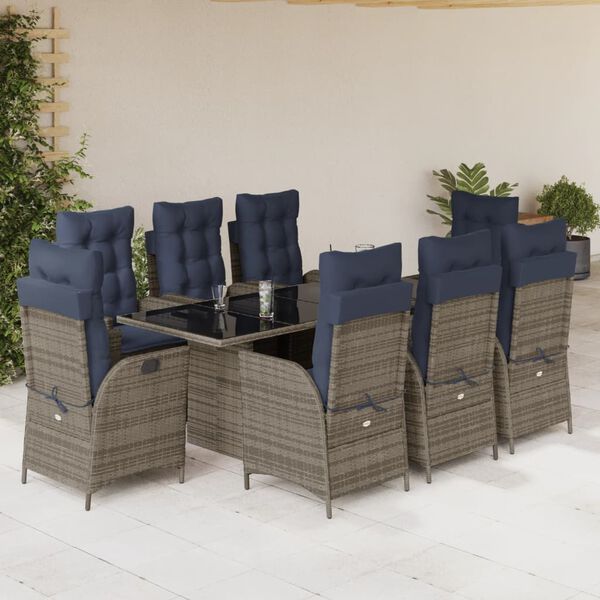 vidaXL 9 Piece Garden Dining Set with Cushions Grey Poly Rattan