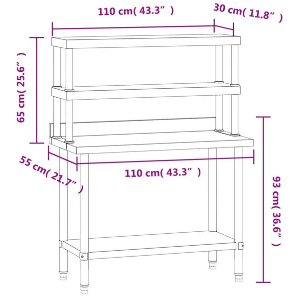vidaXL Kitchen Work Table with Overshelf 110x55x150 cm Stainless Steel