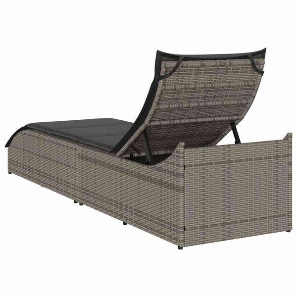 vidaXL Folding Sun Lounger with Cushion and Storage Grey Poly Rattan